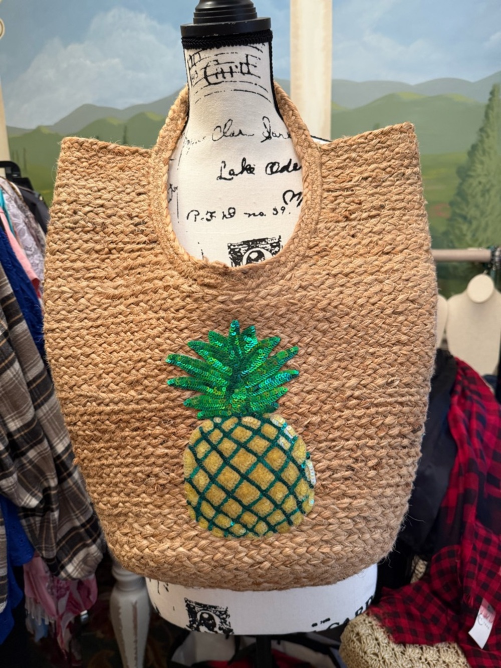 Sequin Pineapple Straw Tote - Natural